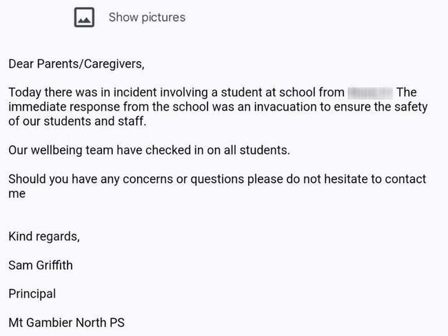 The email received by parents regarding Monday's incident at Mount Gambier North Primary School. Picture: Supplied