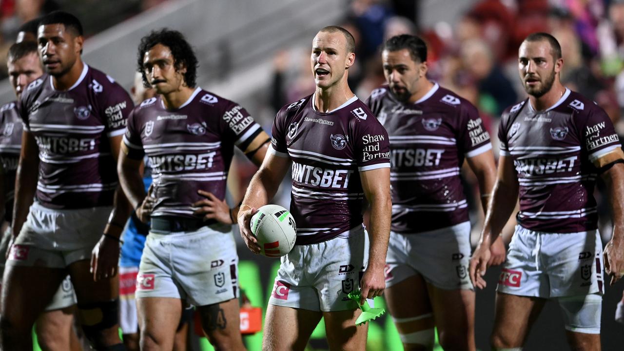 Manly players look on after a Titans try. Picture: NRL Photos