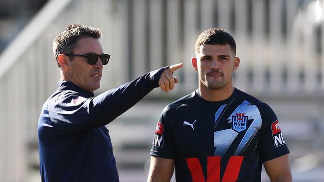 SYDNEY, AUSTRALIA – MAY 23: NSW Blues coach Brad Fittler speaks to Nathan Cleary during a New South Wales Blues State of Origin training session at Coogee Oval on May 23, 2023 in Sydney, Australia. (Photo by Mark Kolbe/Getty Images)
