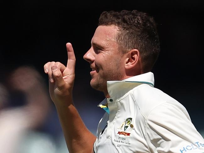 ADELAIDE, AUSTRALIA - JANUARY 18: Josh Hazlewood of Australia celebrates the wicket of Tagenarine Chanderpaul of the West Indies during day two of the First Test in the Mens Test match series between Australia and West Indies at Adelaide Oval on January 18, 2024 in Adelaide, Australia. (Photo by Paul Kane/Getty Images)