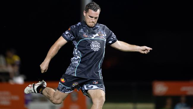 Blake Fletcher kicks a conversion for the Indigenous All Stars in the 2023 Deadly Cup Carnival. Picture: Pema Tamang Pakhrin