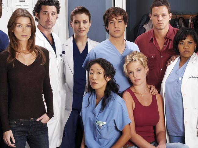 Actors (L-R) Isaiah Washington, Ellen Pompeo, Patrick Dempsey, Kat Walsh, Sandra Oh, TR Knight, Katherine Heigl, Justin Chambers, Chandra Wilson and James Pickens Jnr, members of cast of TV show Grey's Anatomy.