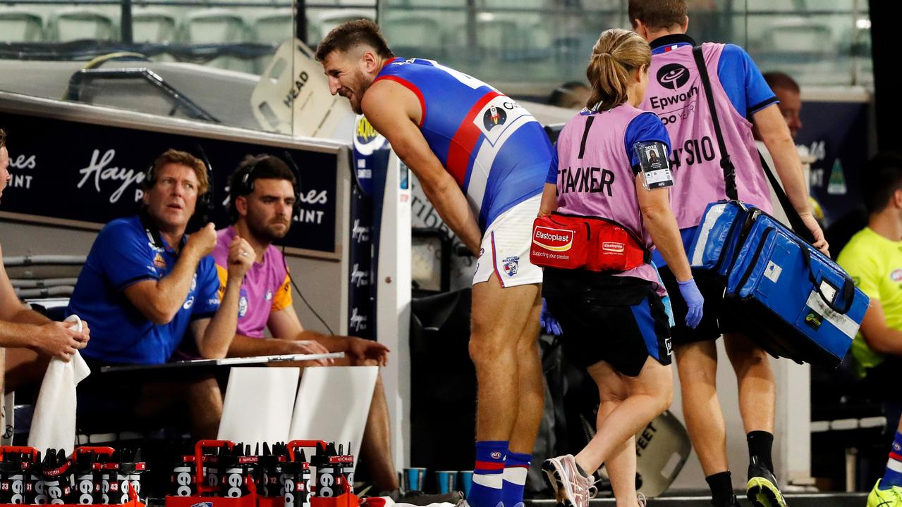 Marcus Bontempelli looked to have an ankle issue against the Demons. Picture: Dylan Burns/AFL Photos via Getty Images