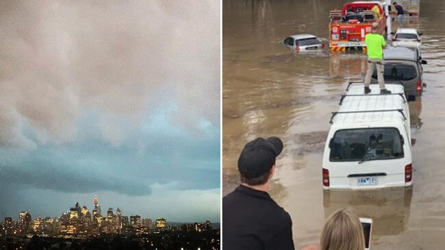 LEFT: The storm about to hit Sydney on Thursday evening. RIGHT: Flooding on the Hume Freeway near Wangaratta. Pictures: Matt Swan and Taylor McPhail