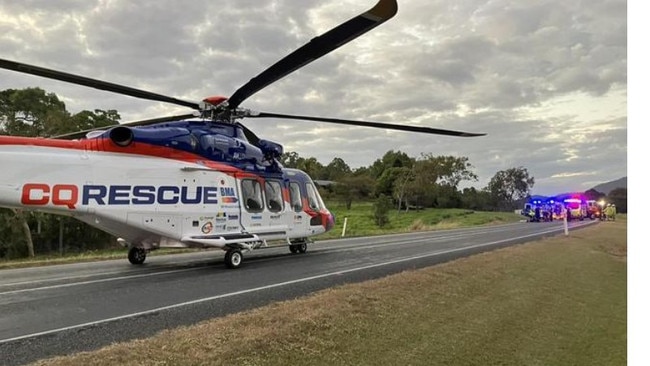 BMA CQ Rescue was tasked to Proserpine after the horror crash on the Bruce Highway at Myrtlevale. The AW139 landed on the highway and transported the man in his 60s for further treatment at Mackay Base Hospital. Picture: BMA CQ Rescue