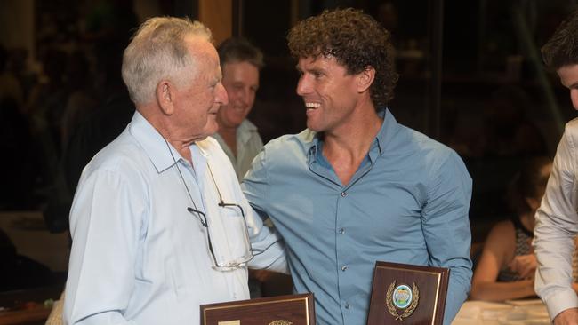 New inductees into the Clarence Valley Wall of Fame Harold Kratz and Brent Livermore have a chat after the announcement. Photo Adam Hourigan / The Daily Examiner