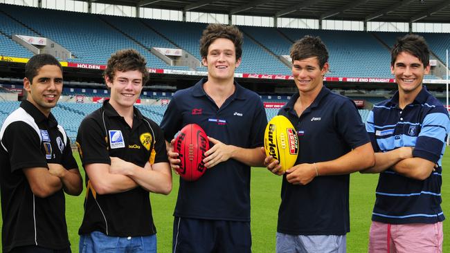 Lachie Neale (Glenelg) with (Port Adelaide), Alex Forster (Norwood), Mitch Grigg (Norwood) and Chad Wingard (Sturt) ahead of being drafted. Picture: File