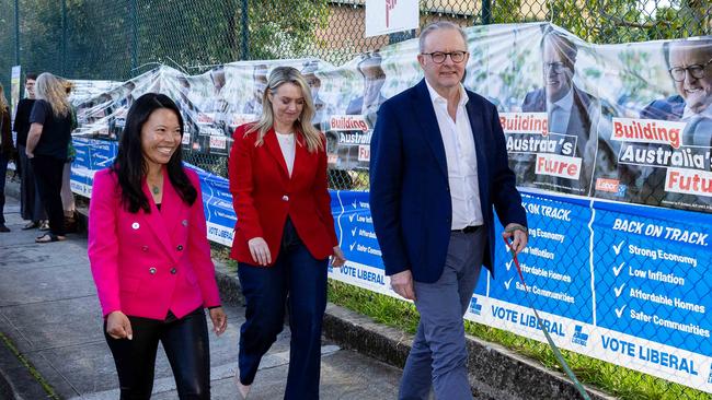 Reid MP Sally Sitou with Prime Minister Anthony Albanese and wife Jodie in Five Dock in the days before the election. Picture: Jason Edwards / NewsWire