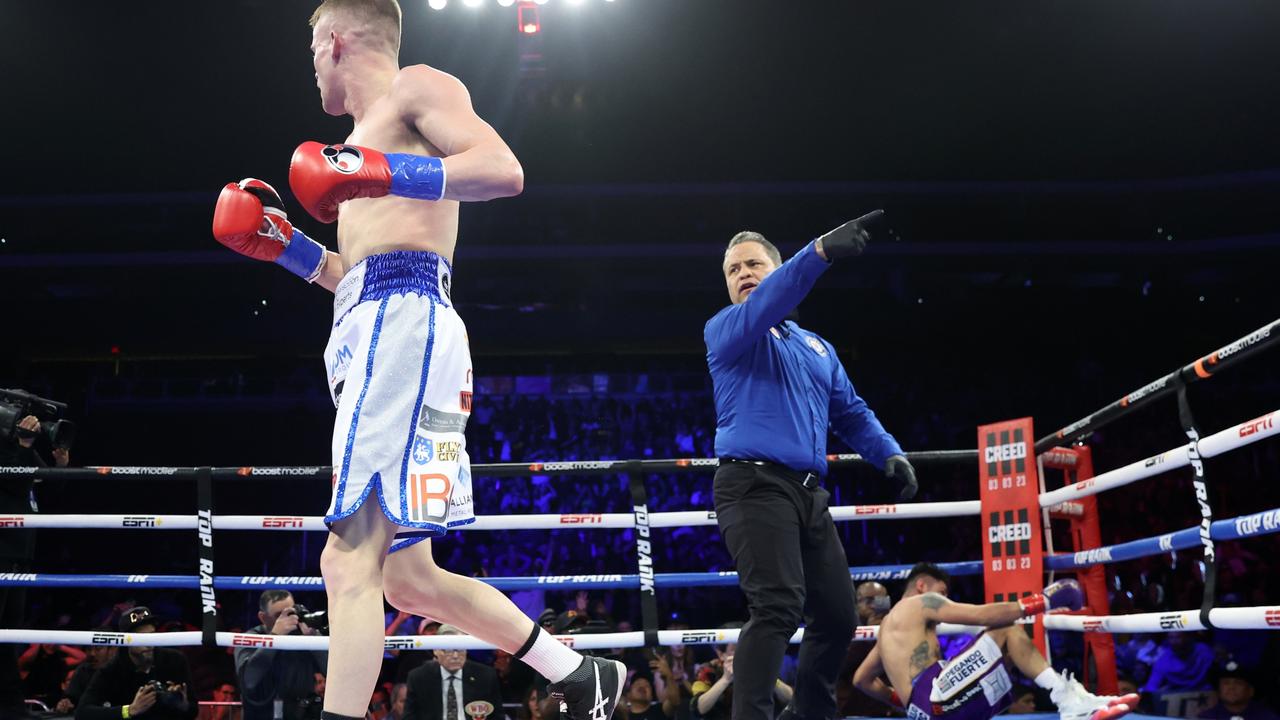 Liam Wilson knocked down Emanuel Navarrete in the fourth round. (Photo by Mikey Williams/Top Rank Inc via Getty Images)