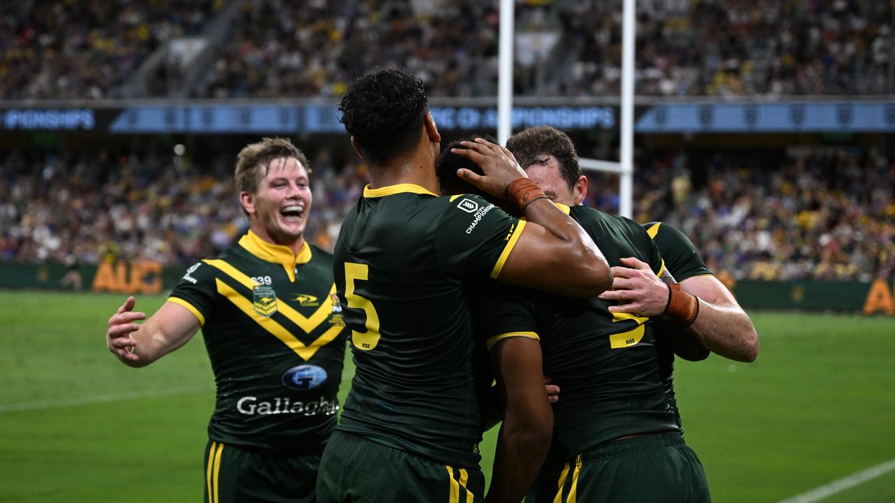 The Australian Kangaroos have repeated their World Cup heroics with a dominant win over Toa Samoa. Picture: NRL Imagery.