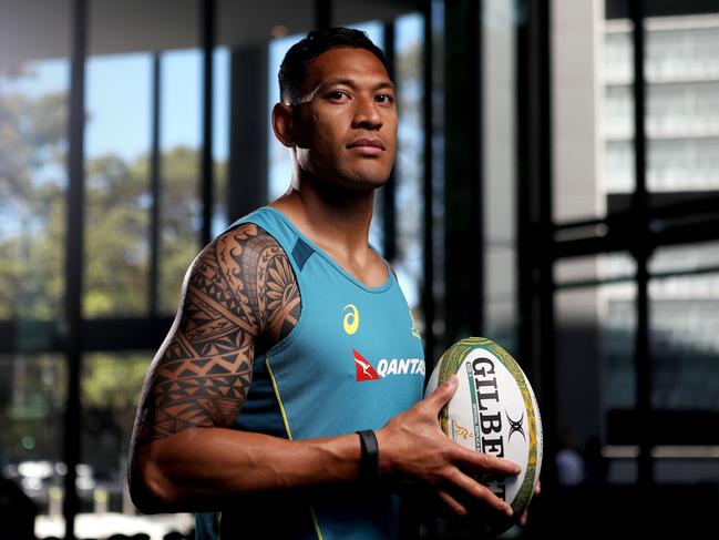 Wallabies player Israel Folau poses for a photograph after a press conference at the Australian Rugby Union headquarters in Sydney, Monday, October 23, 2017. Folau will play his last game of the season with the Wallabies against the Barbarians on Saturday at Allianz Stadium. (AAP Image/Daniel Munoz) NO ARCHIVING