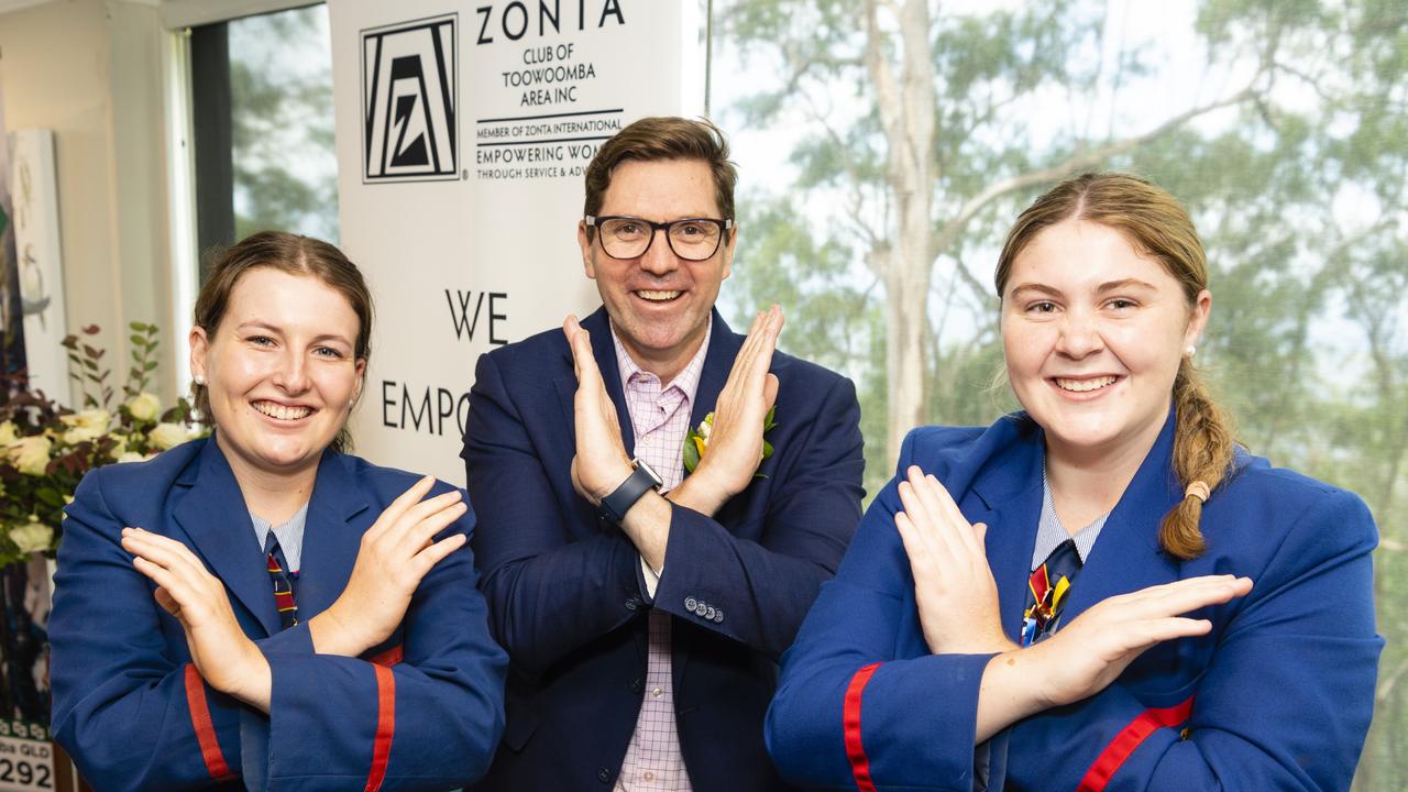 Cr Geoff McDonald with Downlands College students Eilish Mims (left) and Brodie Bourke show their support for the #BreakTheBias theme of International Women's Day at a luncheon presented by Zonta Club of Toowoomba Area at Picnic Point, Friday, March 4, 2022. Picture: Kevin Farmer