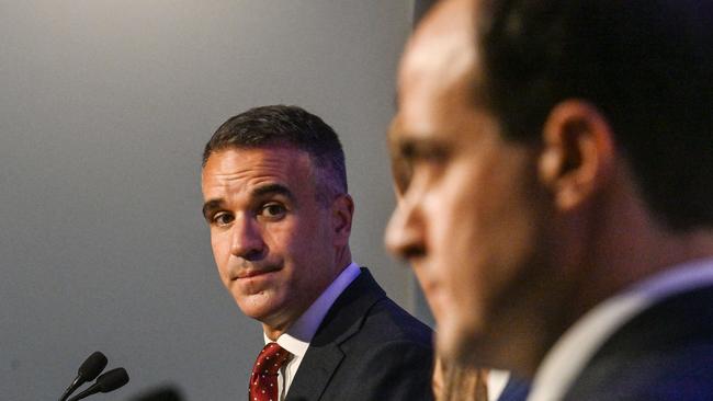 MARCH 21, 2025: SA Press Club leaders' debate between Premier Peter Malinauskas, left, and Opposition Leader Vincent Tarzia. Picture: Brenton Edwards