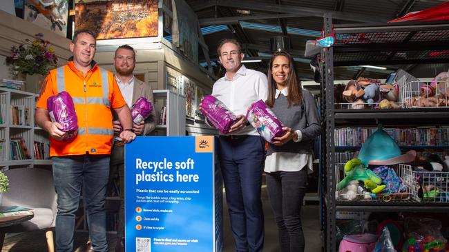 Operations manager of Mornington Park Waste Transfer Station Bruce Oates, Manager of Waste and Sustainability Micheal Young, Mayor of Clarence City Council, Brendan Blomeley, and Clarence City Councillor Bree Hunter at Mornington Waste Transfer station with some soft plastics ready for recycling. Picture: Linda Higginson