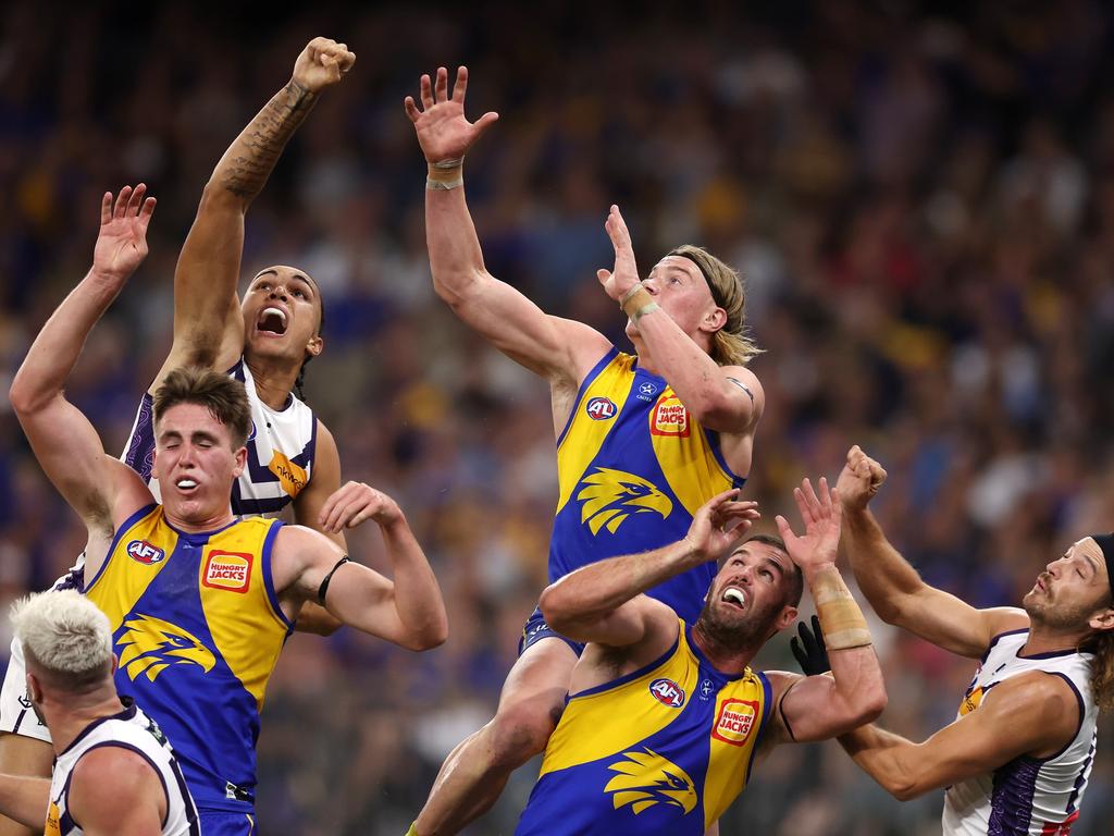 Harley Reid flies high in a pack in the goalsquare for the Eagles. Picture: Will Russell/AFL Photos via Getty Images.