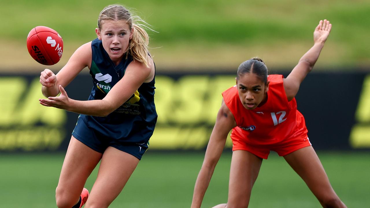 Central District’s Sophie Eaton handballs while representing the AFL National Academy Girls team against the All-Stars in Melbourne in April. Picture: Josh Chadwick/AFL Photos/via Getty Images