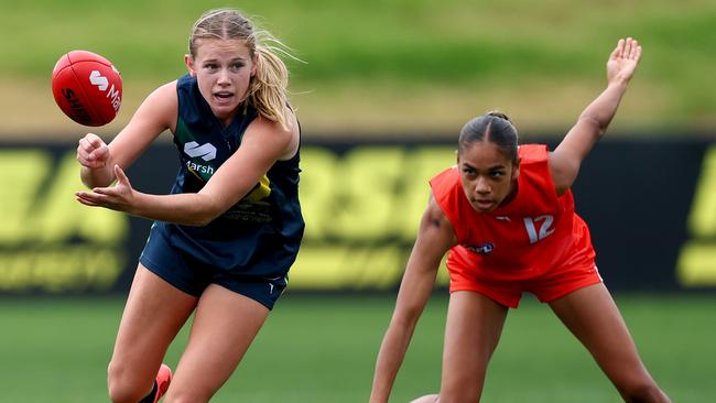 Central District’s Sophie Eaton handballs while representing the AFL National Academy Girls team against the All-Stars in Melbourne in April. Picture: Josh Chadwick/AFL Photos/via Getty Images