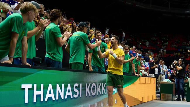 Thanasi Kokkinakis of Australia celebrates. Photo by Angel Martinez/Getty Images for ITF.