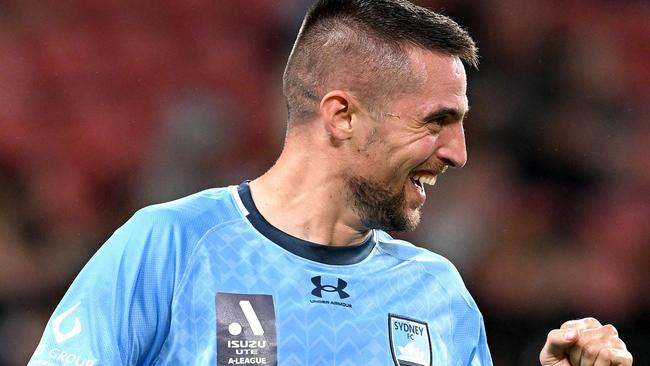 BRISBANE, AUSTRALIA - APRIL 24: Robert Mak of Sydney celebrates after scoring a goal during the round 25 A-League Men's match between Brisbane Roar and Sydney FC at Suncorp Stadium, on April 24, 2023, in Brisbane, Australia. (Photo by Bradley Kanaris/Getty Images)