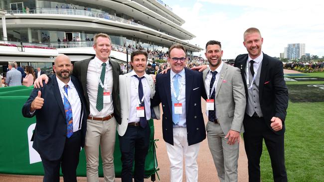 Jack Riewoldt with his premiership teammates Liam Baker, Jack Graham and Nathan Broad pose after Soulcombe won the Queen's Cup setting the horse up as a long-range favourite for the 2023 Melbouren Cup. Picture: Vince Caligiuri/Getty Images)