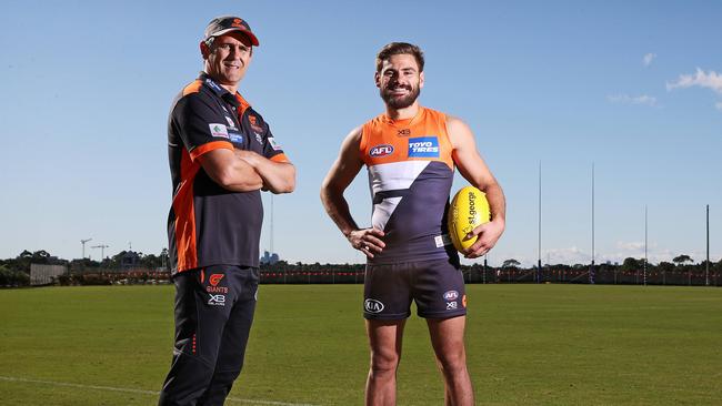 GWS Giants coach Leon Cameron and vice-captain Stephen Coniglio at Sydney Olympic Park. Picture: Tim Hunter.