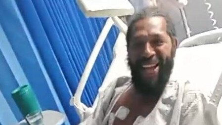 Adea Wallington Tabuai appeared to be in good spirits in his Thursday Island hospital bed on Wednesday evening, after spending 24 hours lost at sea. Picture: Facebook