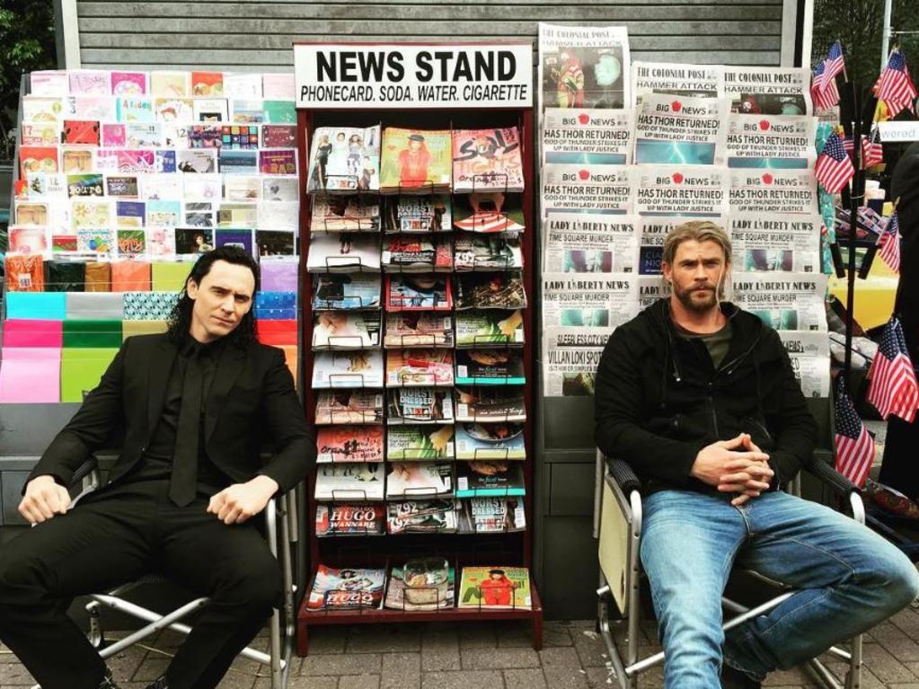 Chris Hemsworth on set of ‘Thor Ragnarok’ in Brisbane, “Just sellin papers with my mate Tom Hiddleston #parttimejob” Picture: Instagram