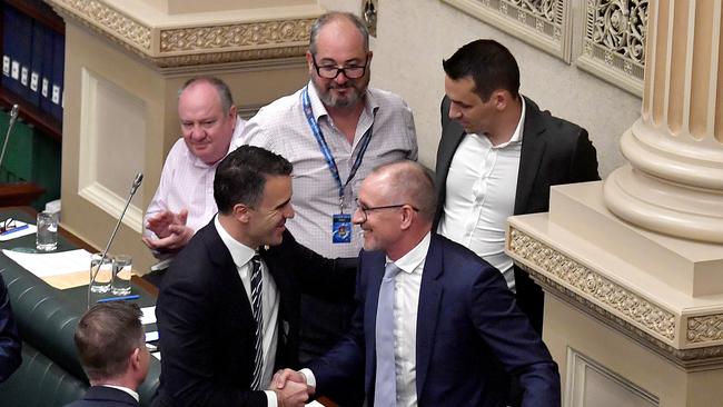 Former South Australia premier Jay Weatherill with South new Premier Peter Malinauskas on Mr Weatherill’s last day in parliament. Picture: Sam Wundke