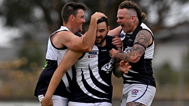 Melton CentralsÃs Matthew Eberle, centre celebrates a goal during the Riddell District FNL Western Rams v Melton Centrals football match at Ian Cowie Recreation Reserve in Rockbank, Saturday, April 1, 2023. Picture: Andy Brownbill