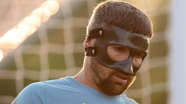 DOHA, QATAR - JANUARY 10: Australian goalkeeper Mat Ryan  looks on during an Australia Socceroos training session ahead of the the AFC Asian Cup at Qatar University Field 11 on January 10, 2024 in Doha, Qatar. (Photo by Robert Cianflone/Getty Images)