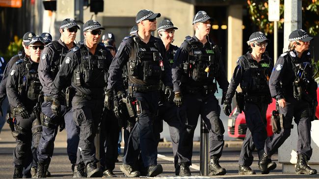 Police patrol outside AAMI Park during the clash between Melbourne Victory and Melbourne City on February 18. Picture: Getty Images