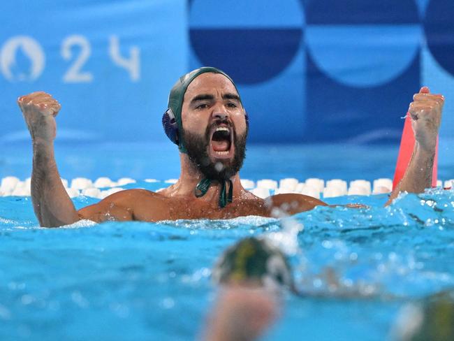 Maksimovic celebrates after Australia secured a vital win over host nation, France. Picture: Andreas SOLARO / AFP