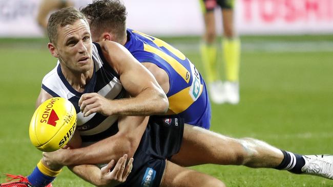 Joel Selwood’s Cats thumped West Coast at GMHBA Stadium earlier this year — but will have to face the Eagles at the MCG next week. Pic: AFL Photos