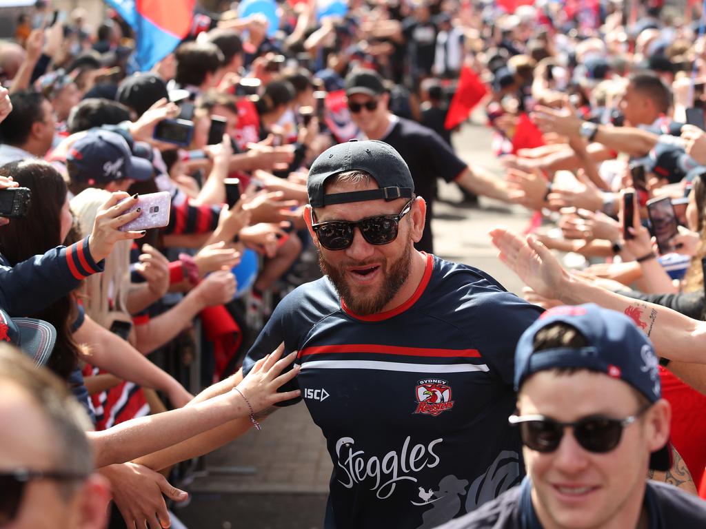 Roosters Jared Waerea-Hargreaves during the Sydney Roosters fan day outside the Hordern Pavilion, Sydney after the Roosters 2019 NRL Premiership win. Picture: Brett Costello