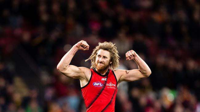 Dyson Heppell celebrates a goal.