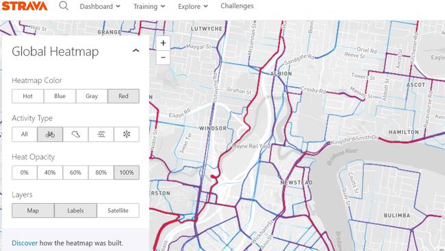 Another STRAVA app heatmap screenshot showing cyclist routes from the inner-north reach of the Brisbane River to the north. See the map at strava.com