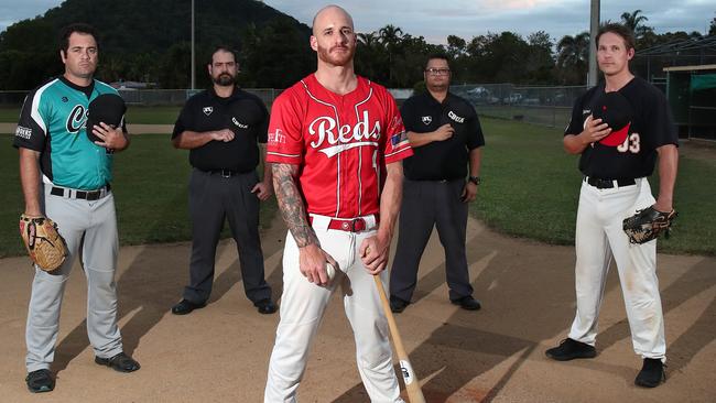 The Cairns Baseball League will on Sunday honour local baseball stalwart Steven Landsberg, who passed away earlier this year. Cubs' John Tolentini, umpire Daniel del Nido, Reds' Derek Williams, umpire Brandon Felix and Heat's Michael Thompson will honour Steve Landsberg, who was a player, coach, umpire and administrator for Cairns Baseball. PICTURE: SUPPLIED