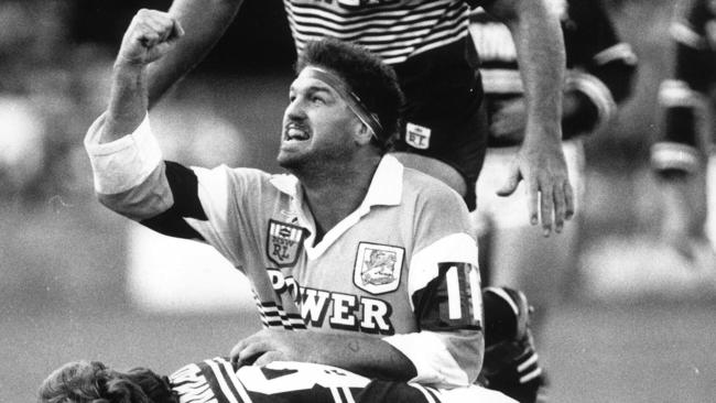 Broncos prop Greg Dowling celebrates a try during Brisbane’s 44-10 rout of Manly in their first premiership game in 1988.