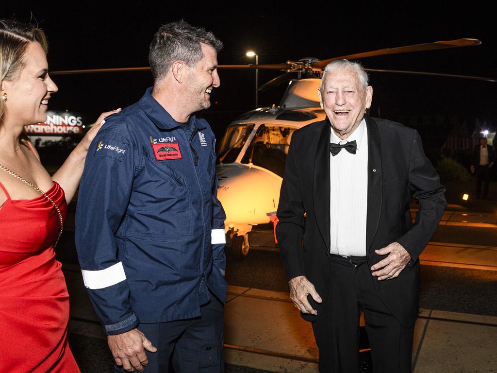 Clive Berghofer AM meets Toowoomba LifeFlight pilot Shane Brearley and wife Ange Brearley at the LifeFlight Toowoomba Gala at The Goods Shed, Saturday, May 24, 2025. Picture: Kevin Farmer