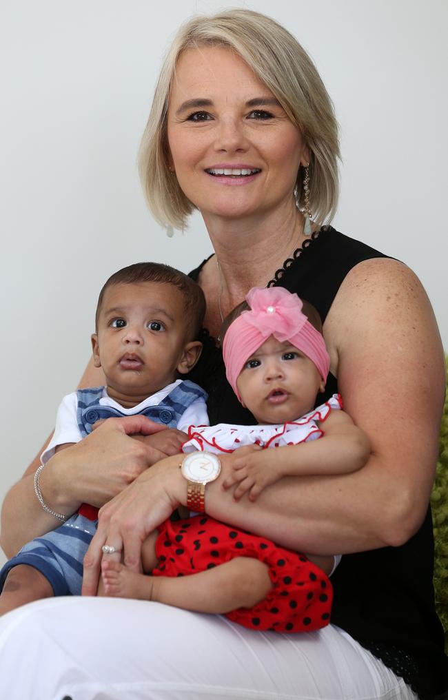 Milla Franchuk with her 18-week-old twins Jaxon and Galina. Picture: Tara Croser