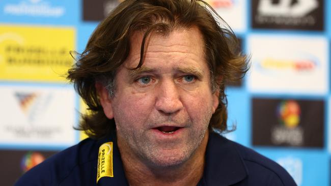 GOLD COAST, AUSTRALIA - MARCH 30: Des Hasler head coach of the Titans speaks to the media during the round four NRL match between Gold Coast Titans and Dolphins at Cbus Super Stadium, on March 30, 2024, in Gold Coast, Australia. (Photo by Chris Hyde/Getty Images)