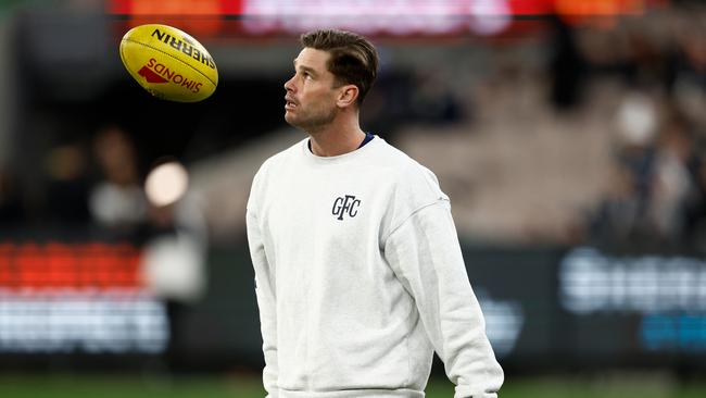 Geelong great Tom Hawkins has been ruled out for at least six weeks with an injury to his mid-foot sustained against Carlton. Picture: Michael Willson / Getty Images