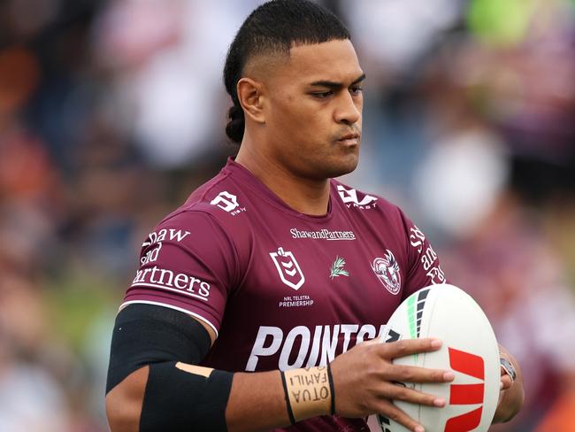 SYDNEY, AUSTRALIA - APRIL 23: Haumole Olakau'atu of the Sea Eagles runs during the warm-up before the round eight NRL match between Wests Tigers and Manly Sea Eagles at Campbelltown Stadium on April 23, 2023 in Sydney, Australia. (Photo by Mark Kolbe/Getty Images)