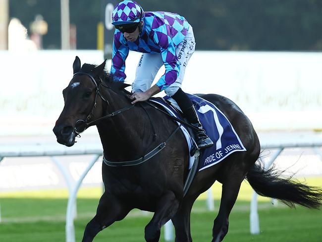 SYDNEY, AUSTRALIA - APRIL 13: Declan Bates riding Pride of Jenni wins Race 8 Queen Elizabeth Stakes during Sydney Racing: The Championships at Royal Randwick Racecourse on April 13, 2024 in Sydney, Australia. (Photo by Jeremy Ng/Getty Images)