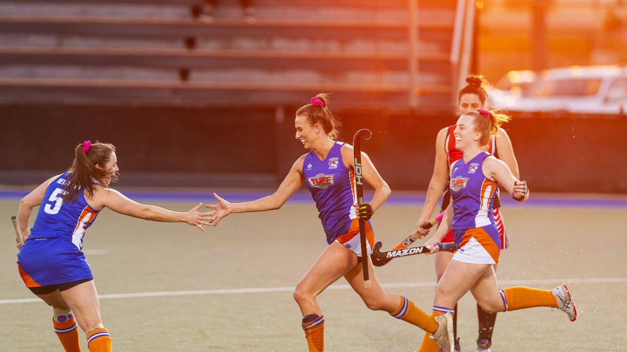 Torrie Thies celebrates her goal for Newtown against Past High in A1 Women's Toowoomba Hockey grand final at Clyde Park, Saturday, September 7, 2024. Picture: Kevin Farmer