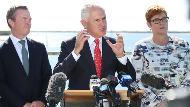 Prime Minister Malcolm Turnbull announcing the submarine deal in Adelaide flanked by Industry Minister Christopher Pyne and Defence Minister Marise Payne.