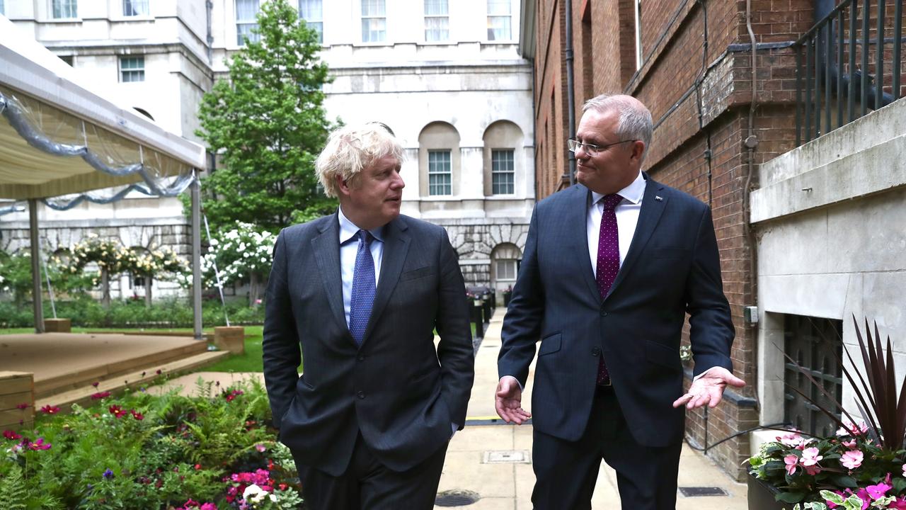 Prime Minister Scott Morrison meets with British Prime Minister Boris Johnson at No. 10 Downing Street for a working dinner. Picture: Adam Taylor/PMO