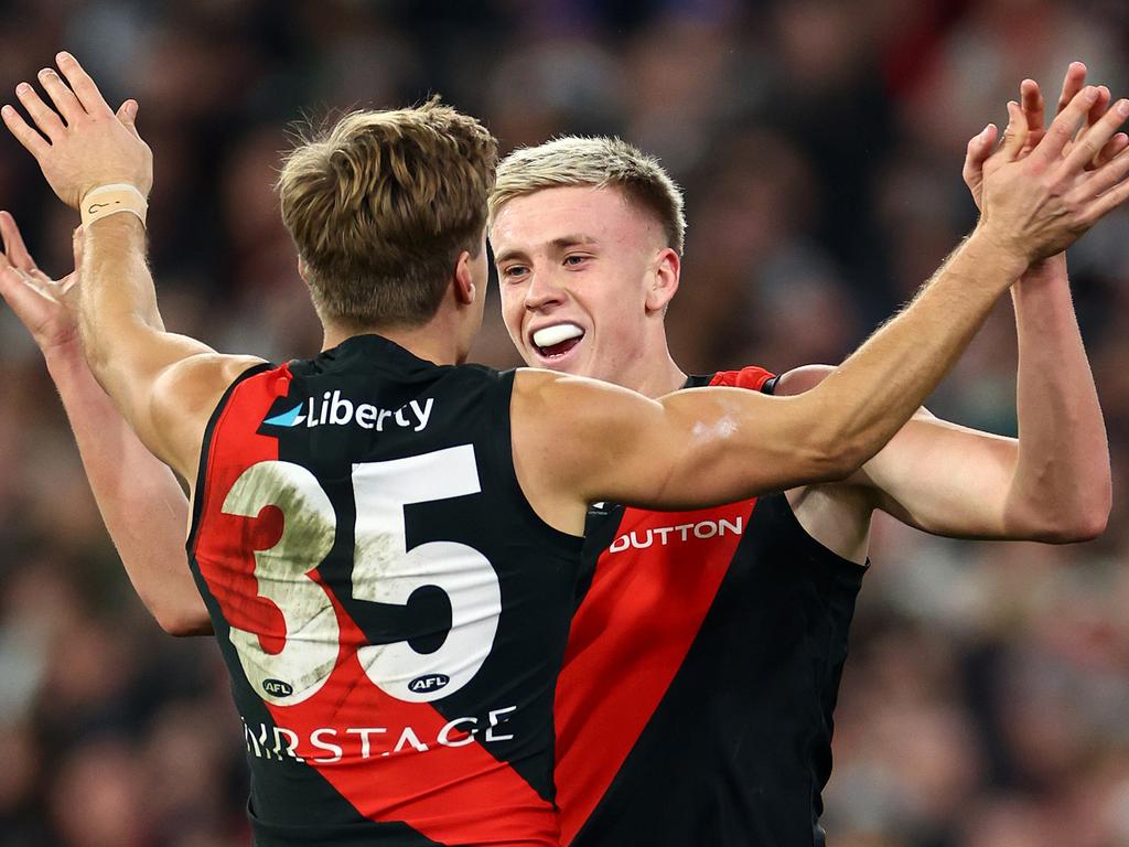 Nate Caddy had plenty to be happy about after playing a key role in Essendon’s win over Collingwood. Picture: Getty Images