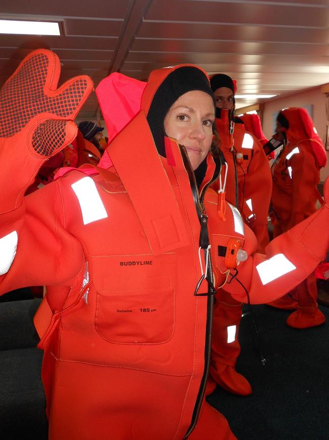 RV Investigator voyage manager, Tegan Sime, during an immersion suit drill. Picture: Kaitlyn Lieschke/CSIRO.