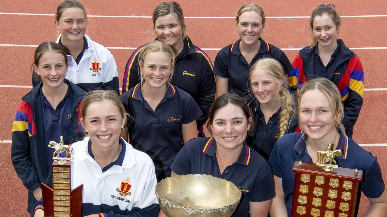 HAT-TRICK: Members of The Glennie School equestrian team (Back, from left) Piper Doust, Piper Wise, Emily Wheatley and Holly Hurst. (Middle, from left) Mia Nolan, Georgia Wheatley and Charlotte Drynan. (Front, from left) Lucy Stanford, Kate Johnstone and Becci Roellgen. Picture: Nev Madsen